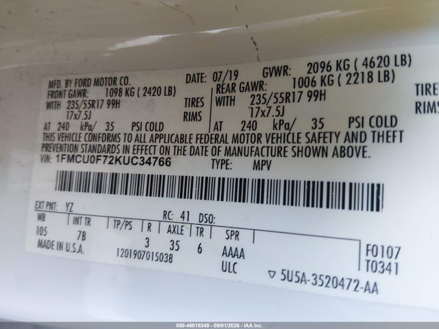 Продажа на аукционе авто 2019 Ford Escape S, vin: 1FMCU0F72KUC34766, номер лота: 46018349
