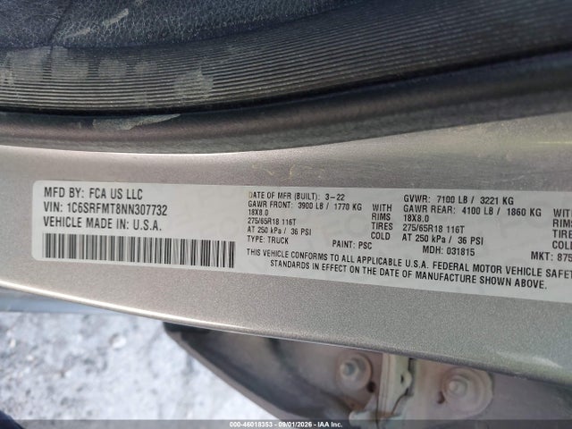 Продаж на аукціоні авто 2022 Ram 1500 Big Horn  4x4 6'4 Box, vin: 1C6SRFMT8NN307732, номер лоту: 46018353