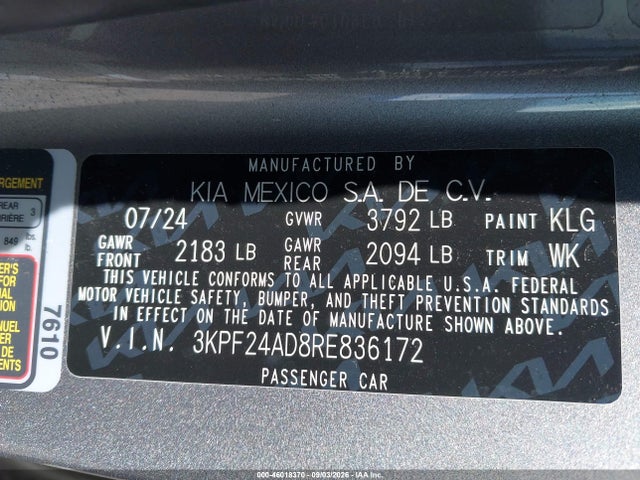 Продажа на аукционе авто 2024 Kia Forte Lxs, vin: 3KPF24AD8RE836172, номер лота: 46018370