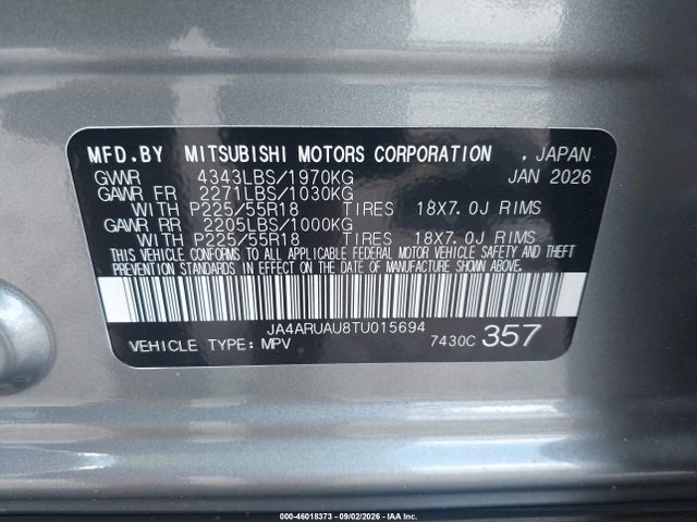 Aukcja sprzedaży 2026 Mitsubishi Outlander Sport 2.0 Es/2.0 Le/2.0 Ralliart/2.0 S/2.0 Se/2.0 Trail Edition, vin: JA4ARUAU8TU015694, numer aukcji: 46018373