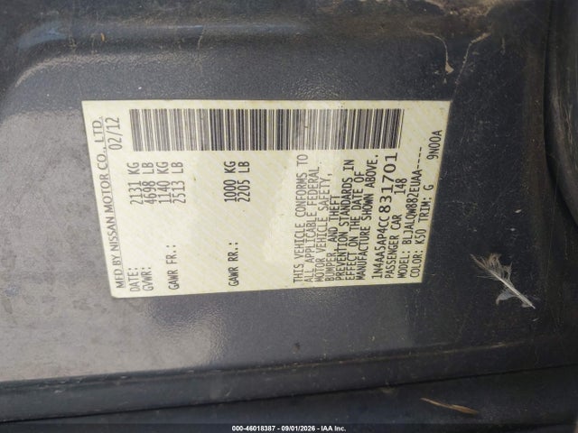 Aukcja sprzedaży 2012 Nissan Maxima 3.5 S, vin: 1N4AA5AP4CC831701, numer aukcji: 46018387