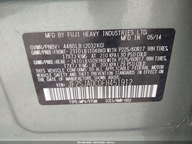 Aukcja sprzedaży 2015 Subaru Forester 2.5i Premium, vin: JF2SJADC0FH451912, numer aukcji: 46018388