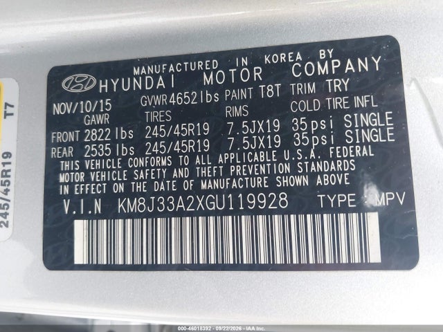 46018392 :رقم المزاد ، KM8J33A2XGU119928 vin ، 2016 Hyundai Tucson Limited مزاد بيع