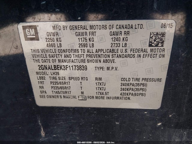 46018399 :رقم المزاد ، 2GNALBEK3F1173839 vin ، 2015 Chevrolet Equinox Lt مزاد بيع