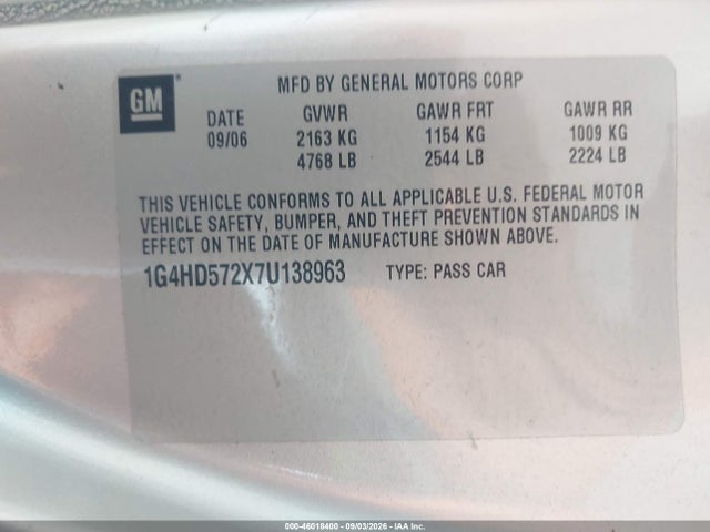 Продажа на аукционе авто 2007 Buick Lucerne Cxl, vin: 1G4HD572X7U138963, номер лота: 46018400