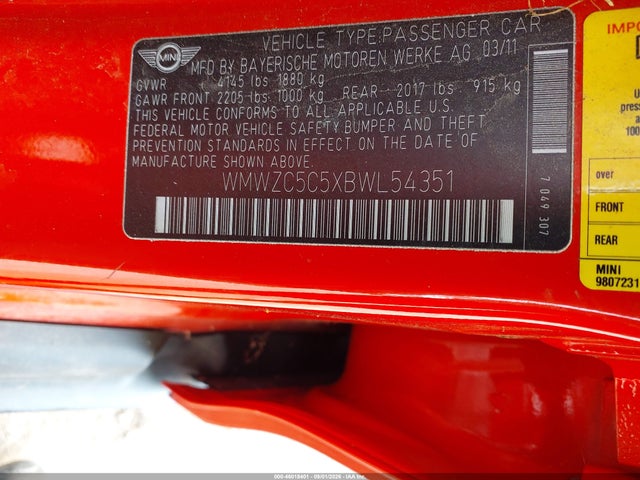 Продаж на аукціоні авто 2011 Mini Cooper S Countryman, vin: WMWZC5C5XBWL54351, номер лоту: 46018401