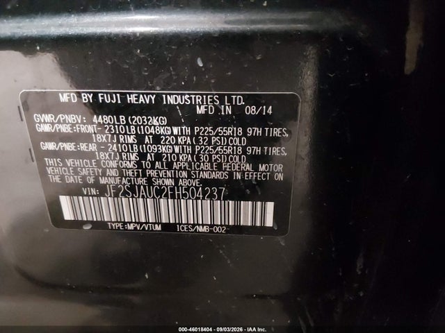 Aukcja sprzedaży 2015 Subaru Forester 2.5i Touring, vin: JF2SJAUC2FH504237, numer aukcji: 46018404
