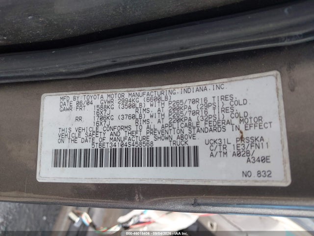 Auction sale of the 2004 Toyota Tundra Sr5 V8, vin: 5TBET34104S458568, lot number: 46018406