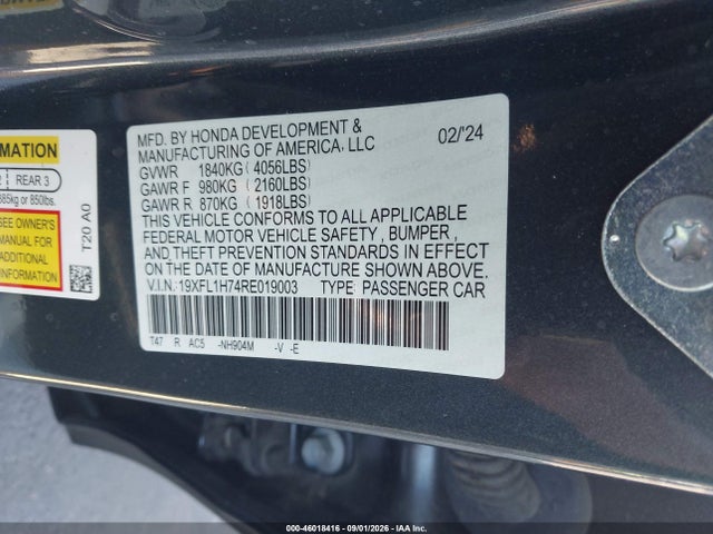 46018416 :رقم المزاد ، 19XFL1H74RE019003 vin ، 2024 Honda Civic Ex-l مزاد بيع