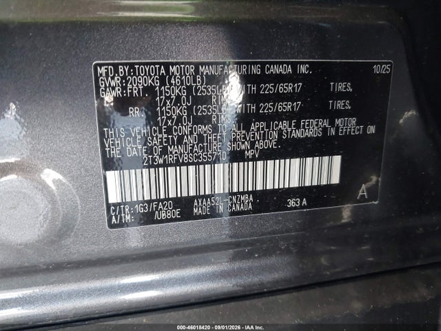 Aukcja sprzedaży 2025 Toyota Rav4 Xle, vin: 2T3W1RFV8SC355710, numer aukcji: 46018420