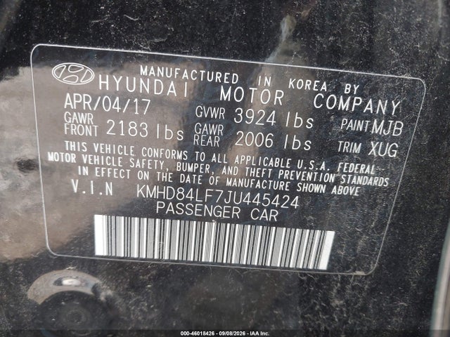 46018426 :رقم المزاد ، KMHD84LF7JU445424 vin ، 2018 Hyundai Elantra Sel مزاد بيع