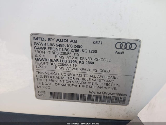 Продаж на аукціоні авто 2021 Audi Q5 Premium Plus 45 Tfsi Quattro S Tronic, vin: WA1BAAFY2M2109606, номер лоту: 46018427