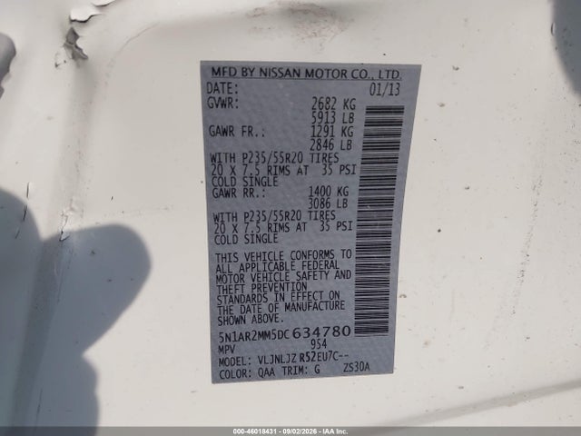 46018431 :رقم المزاد ، 5N1AR2MM5DC634780 vin ، 2013 Nissan Pathfinder Platinum مزاد بيع