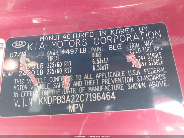 46018437 :رقم المزاد ، KNDPB3A22C7196464 vin ، 2012 Kia Sportage Lx مزاد بيع