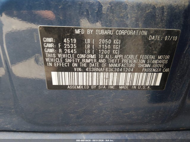 Продаж на аукціоні авто 2019 Subaru Legacy 2.5i Premium, vin: 4S3BNAF63K3041204, номер лоту: 46018439