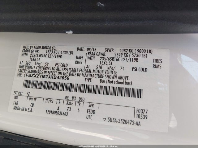 46018448 :رقم المزاد ، 1FBZX2YM2JKB42656 vin ، 2018 Ford Transit-350 Xl مزاد بيع