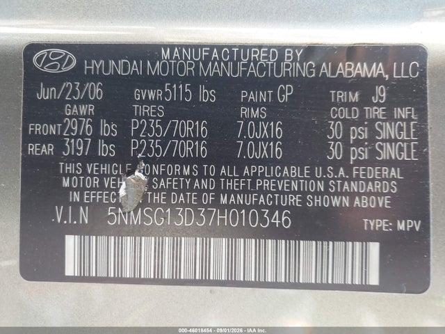 Продажа на аукционе авто 2007 Hyundai Santa Fe Gls, vin: 5NMSG13D37H010346, номер лота: 46018454