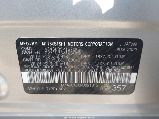 2022 Mitsubishi Outlander Sport 2.0 Be Awc/2.0 Es Awc/2.0 Le Awc/2.0 Se Awc/2.0 Se Special Edition Awc მანქანა იყიდება აუქციონზე, vin: JA4ARUAU6NU021612, აუქციონის ნომერი: 46018459