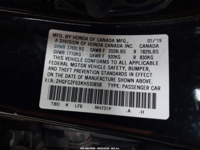 46018460 :رقم المزاد ، 2HGFC2F63KH530858 vin ، 2019 Honda Civic Lx مزاد بيع