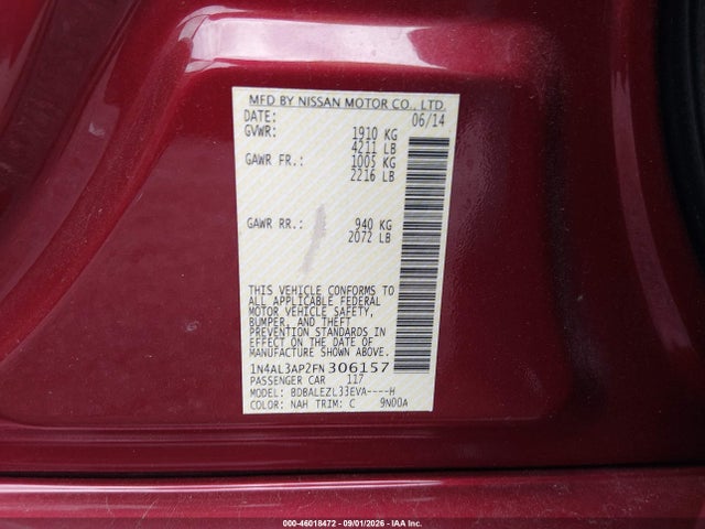 Продаж на аукціоні авто 2015 Nissan Altima 2.5 S, vin: 1N4AL3AP2FN306157, номер лоту: 46018472
