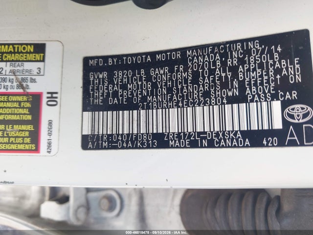 2014 Toyota Corolla S Plus მანქანა იყიდება აუქციონზე, vin: 2T1BURHE4EC223804, აუქციონის ნომერი: 46018478