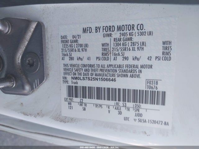 Продаж на аукціоні авто 2022 Ford Transit Connect Xl, vin: NM0LS7S25N1506646, номер лоту: 46018486