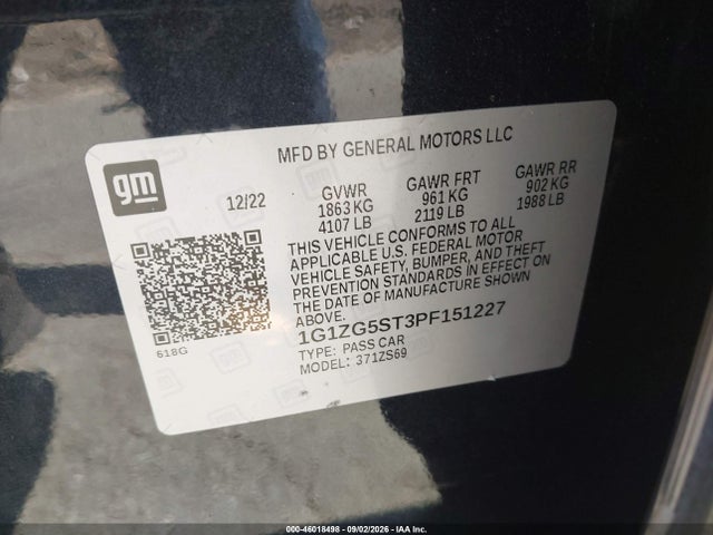 46018498 :رقم المزاد ، 1G1ZG5ST3PF151227 vin ، 2023 Chevrolet Malibu Fwd Rs مزاد بيع