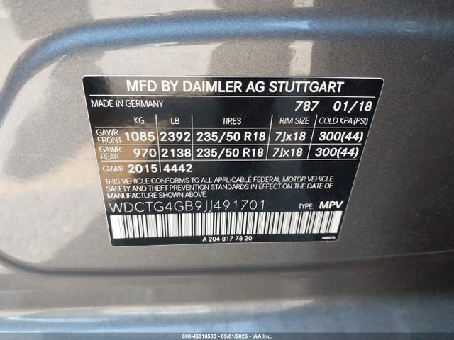 46018500 :رقم المزاد ، WDCTG4GB9JJ491701 vin ، 2018 Mercedes-benz Gla 250 4matic مزاد بيع