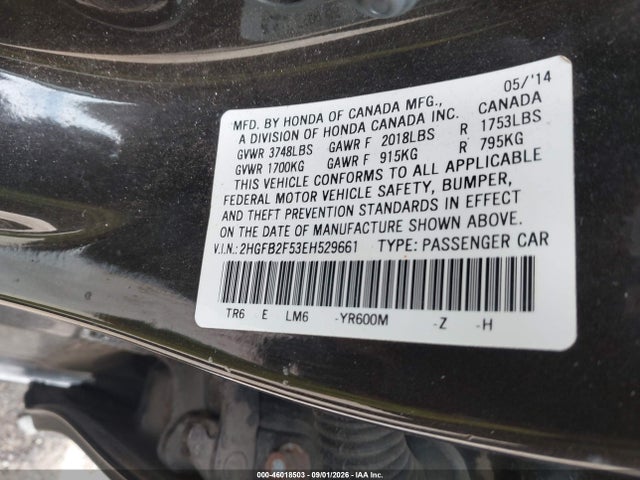 Продаж на аукціоні авто 2014 Honda Civic Lx, vin: 2HGFB2F53EH529661, номер лоту: 46018503