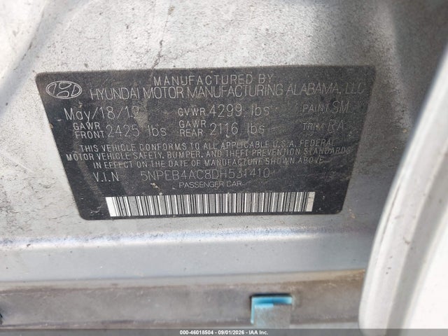 46018504 :رقم المزاد ، 5NPEB4AC8DH531410 vin ، 2013 Hyundai Sonata Gls مزاد بيع