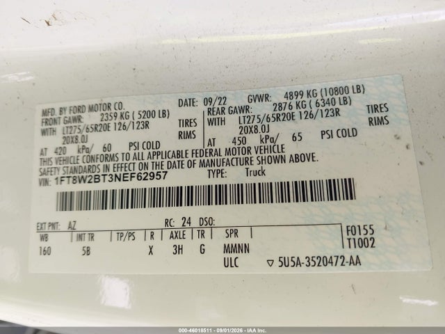 Продажа на аукционе авто 2022 Ford F-250 Lariat, vin: 1FT8W2BT3NEF62957, номер лота: 46018511