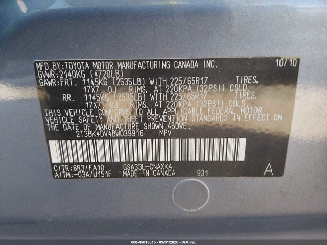 2011 Toyota Rav4 Base V6 მანქანა იყიდება აუქციონზე, vin: 2T3BK4DV4BW039916, აუქციონის ნომერი: 46018515