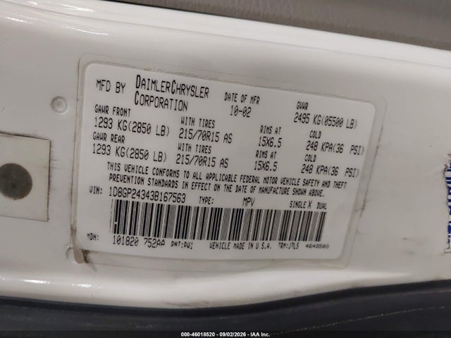 46018520 :رقم المزاد ، 1D8GP24343B167563 vin ، 2003 Dodge Grand Caravan Se مزاد بيع