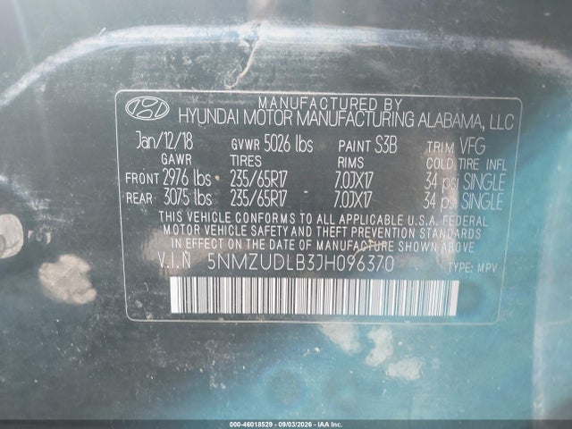 Aukcja sprzedaży 2018 Hyundai Santa Fe Sport 2.4l, vin: 5NMZUDLB3JH096370, numer aukcji: 46018529