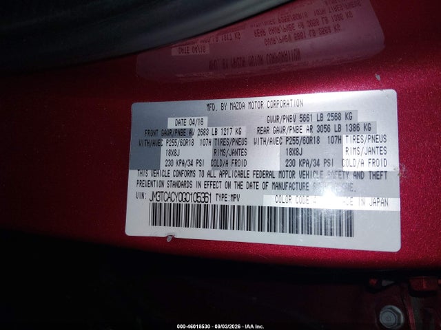 46018530 :رقم المزاد ، JM3TCACY0G0105361 vin ، 2016 Mazda Cx-9 Touring مزاد بيع