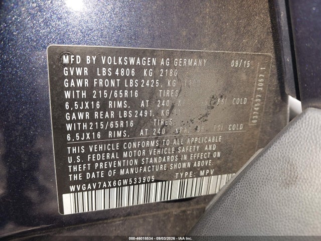 2016 Volkswagen Tiguan S მანქანა იყიდება აუქციონზე, vin: WVGAV7AX6GW533905, აუქციონის ნომერი: 46018534