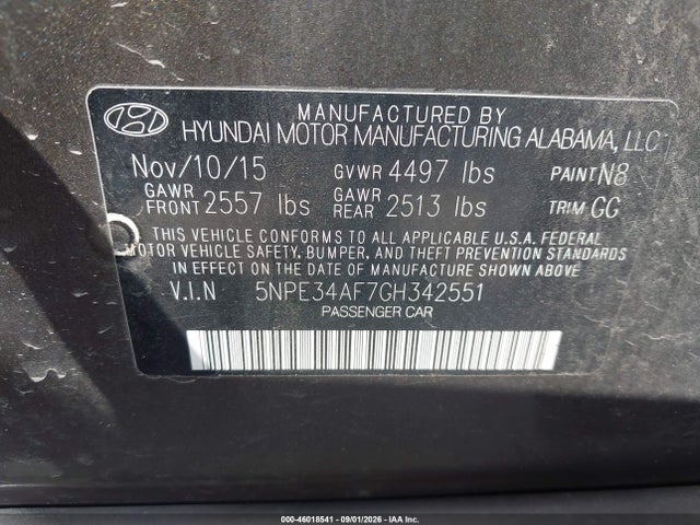 46018541 :رقم المزاد ، 5NPE34AF7GH342551 vin ، 2016 Hyundai Sonata Sport مزاد بيع