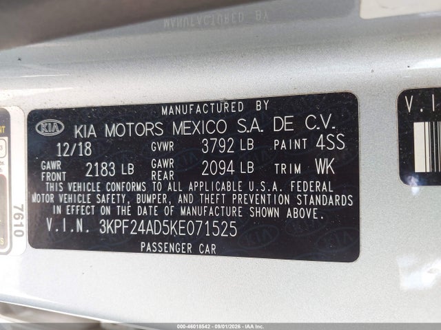 Aukcja sprzedaży 2019 Kia Forte Lxs, vin: 3KPF24AD5KE071525, numer aukcji: 46018542