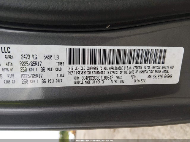 2012 Dodge Journey Sxt მანქანა იყიდება აუქციონზე, vin: 3C4PDCBG3CT180547, აუქციონის ნომერი: 46018543