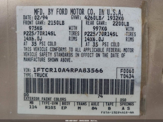 1994 Ford Ranger მანქანა იყიდება აუქციონზე, vin: 1FTCR10A4RPA83566, აუქციონის ნომერი: 46018547