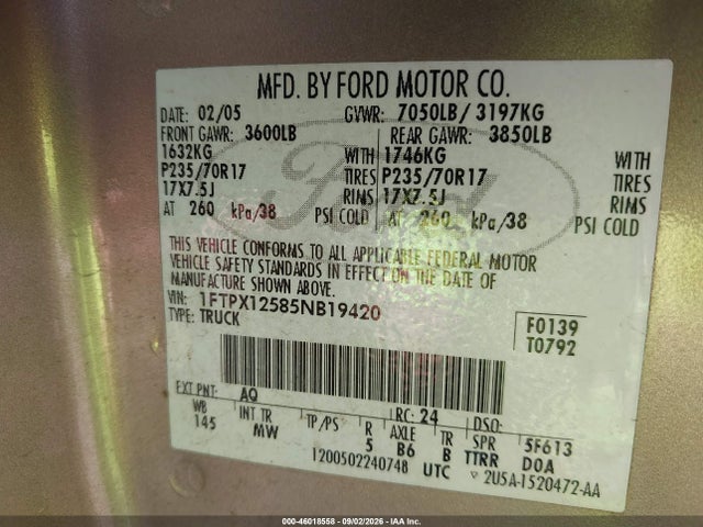 Продаж на аукціоні авто 2005 Ford F-150 Lariat/xl/xlt, vin: 1FTPX12585NB19420, номер лоту: 46018558