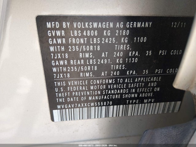 2012 Volkswagen Tiguan Se მანქანა იყიდება აუქციონზე, vin: WVGAV7AXXCW555870, აუქციონის ნომერი: 46018573
