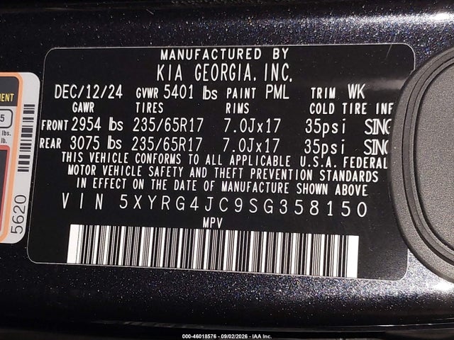 2025 Kia Sorento Lx მანქანა იყიდება აუქციონზე, vin: 5XYRG4JC9SG358150, აუქციონის ნომერი: 46018576