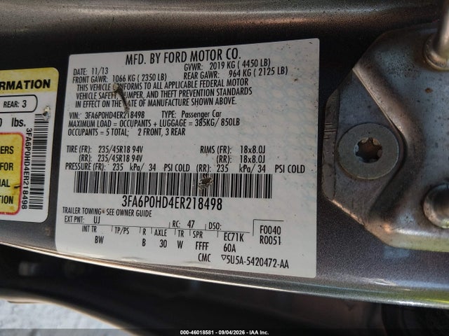 Aukcja sprzedaży 2014 Ford Fusion Se, vin: 3FA6P0HD4ER218498, numer aukcji: 46018581