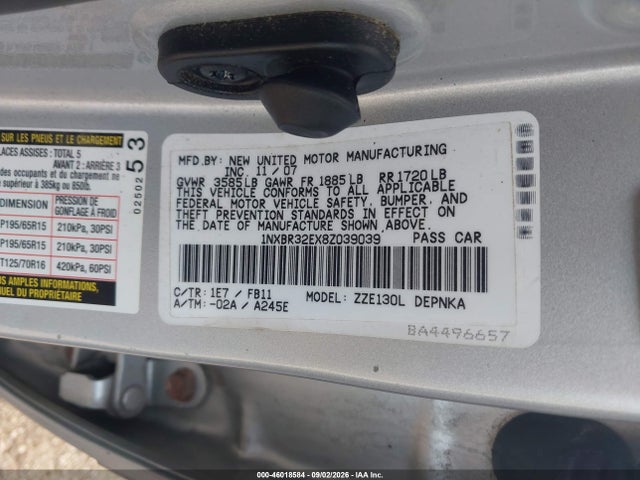 2008 Toyota Corolla Le მანქანა იყიდება აუქციონზე, vin: 1NXBR32EX8Z039039, აუქციონის ნომერი: 46018584