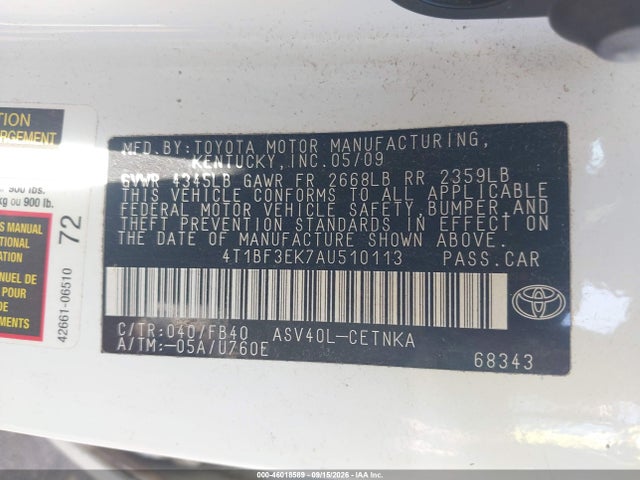 46018589 :رقم المزاد ، 4T1BF3EK7AU510113 vin ، 2010 Toyota Camry Le مزاد بيع