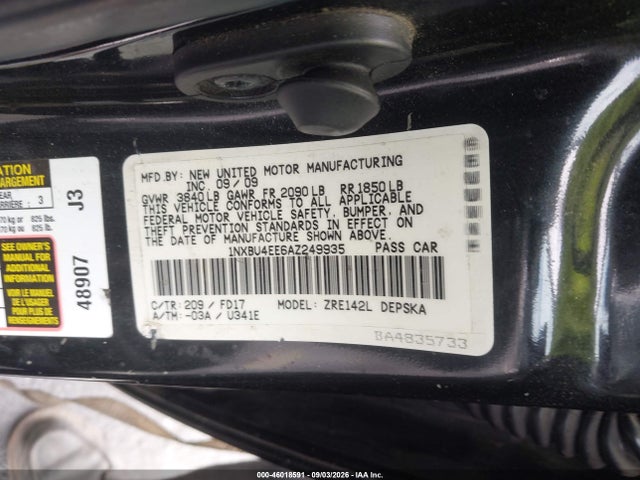 46018591 :رقم المزاد ، 1NXBU4EE6AZ249935 vin ، 2010 Toyota Corolla S مزاد بيع