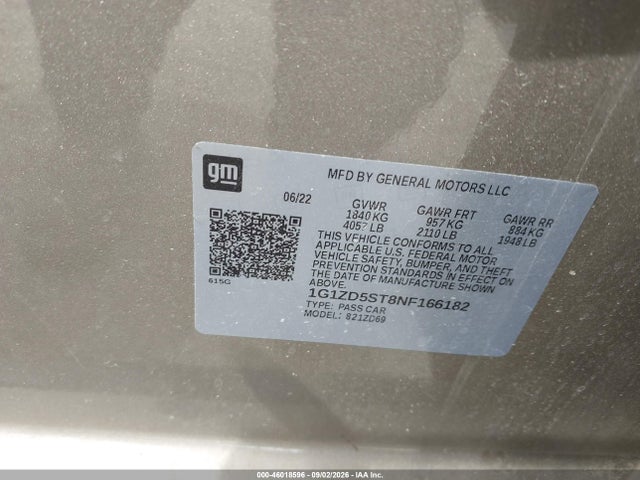 2022 Chevrolet Malibu Fwd Lt მანქანა იყიდება აუქციონზე, vin: 1G1ZD5ST8NF166182, აუქციონის ნომერი: 46018596