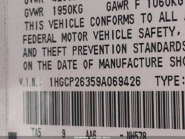 Aukcja sprzedaży 2009 Honda Accord 2.4 Lx, vin: 1HGCP26359A069426, numer aukcji: 46018599