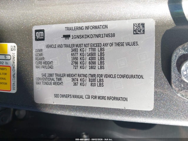46018602 :رقم المزاد ، 1GNSKDKD7NR174538 vin ، 2022 Chevrolet Suburban 4wd Z71 مزاد بيع
